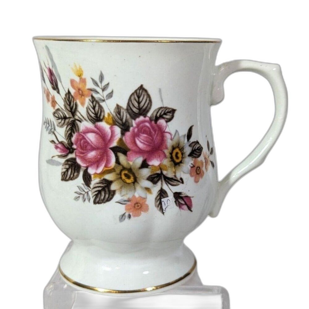 GC Bone China Teacup India Gold Trim Handle Floral on White Victoria Style Gift